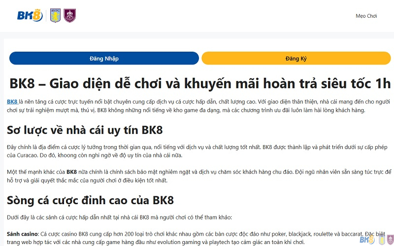 BK8 - Giao Diện Dễ Chơi Và Khuyến Mãi Hoàn Trả Siêu Tốc 1h